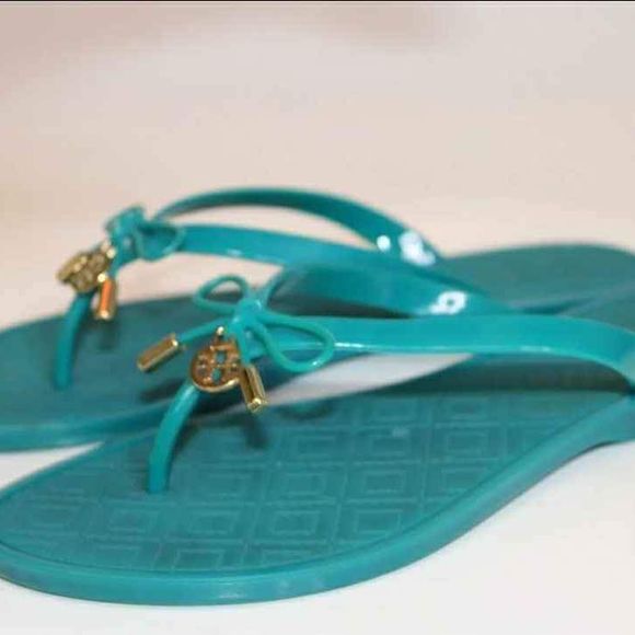 Tory Burch Designer Womens Teal Blue Jelly Bow Thongs Flip Flops Sandals Size 7 - Picture 8 of 10